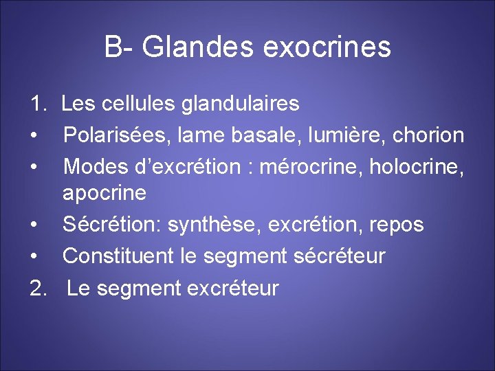 B- Glandes exocrines 1. Les cellules glandulaires • Polarisées, lame basale, lumière, chorion •