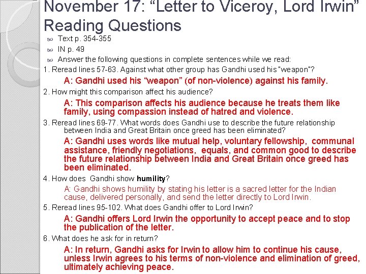 November 17: “Letter to Viceroy, Lord Irwin” Reading Questions Text p. 354 -355 IN