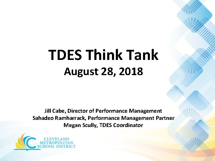 TDES Think Tank August 28, 2018 Jill Cabe, Director of Performance Management Sahadeo Ramharrack,