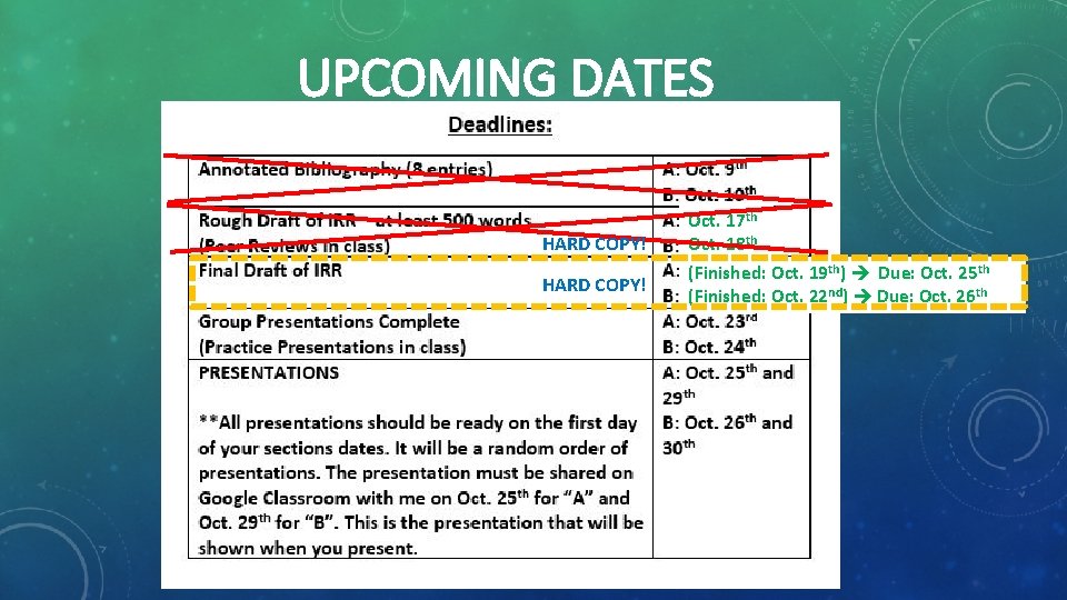 UPCOMING DATES HARD COPY! Oct. 17 th Oct. 18 th (Finished: Oct. 19 th)