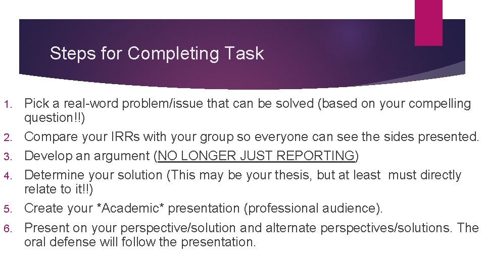 Steps for Completing Task 1. 2. 3. 4. 5. 6. Pick a real-word problem/issue