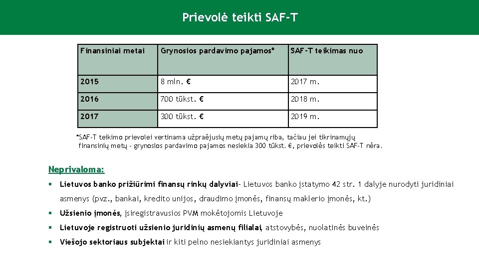 v Prievolė teikti SAF-T Finansiniai metai Grynosios pardavimo pajamos* SAF-T teikimas nuo 2015 8