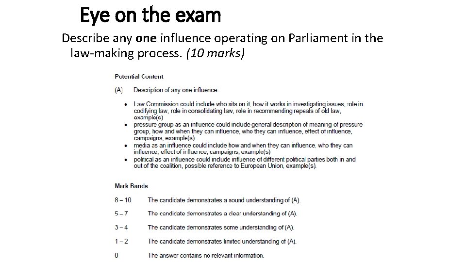 Eye on the exam Describe any one influence operating on Parliament in the law-making