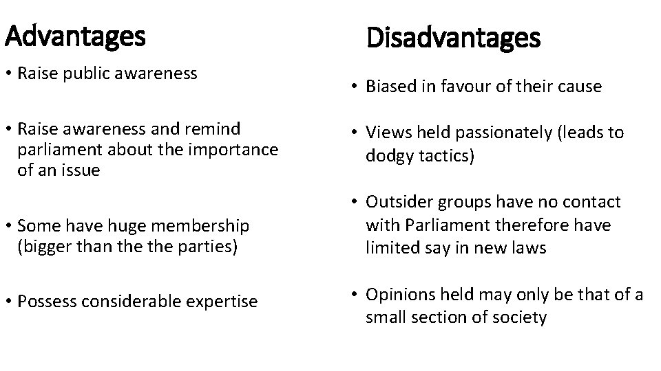 Advantages • Raise public awareness • Raise awareness and remind parliament about the importance