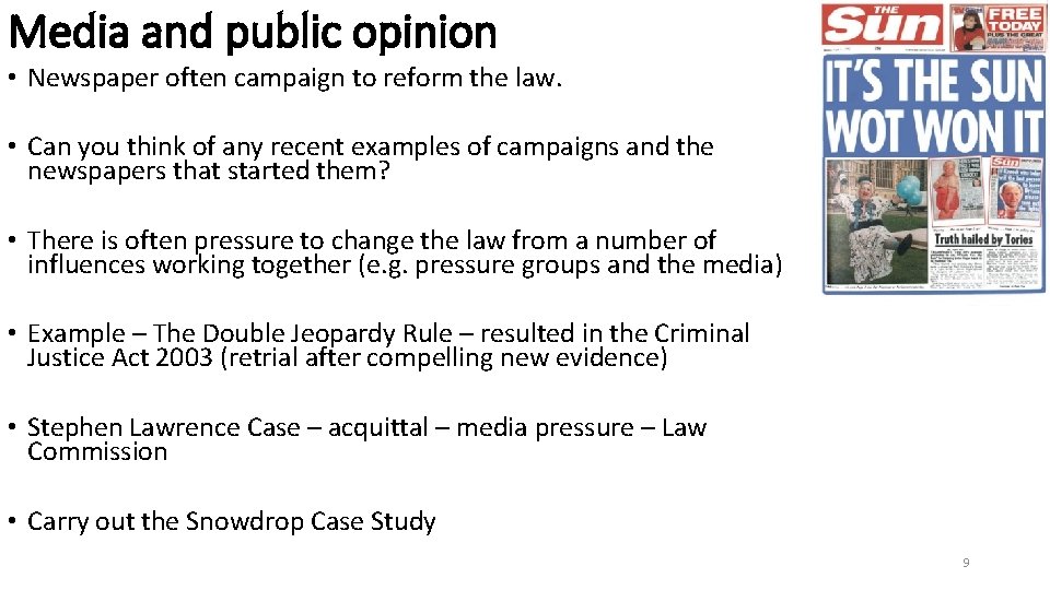 Media and public opinion • Newspaper often campaign to reform the law. • Can