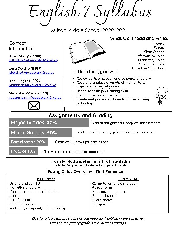 English 7 Syllabus Wilson Middle School 2020 -2021 What we’ll read and write: Contact
