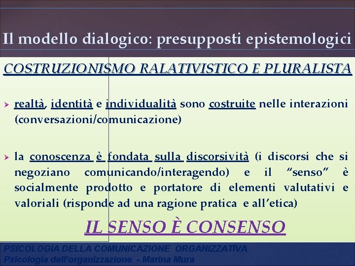 Il modello dialogico: presupposti epistemologici COSTRUZIONISMO RALATIVISTICO E PLURALISTA Ø Ø realtà, identità e