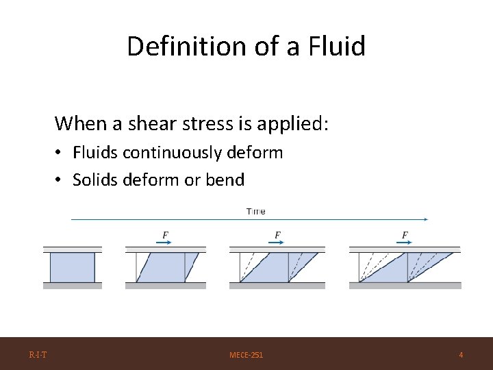 Definition of a Fluid When a shear stress is applied: • Fluids continuously deform