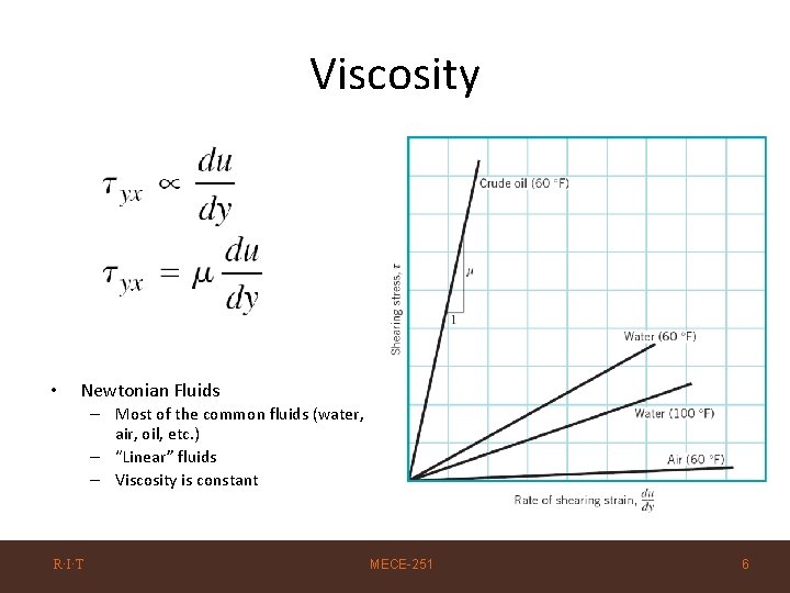 Viscosity • Newtonian Fluids – Most of the common fluids (water, air, oil, etc.