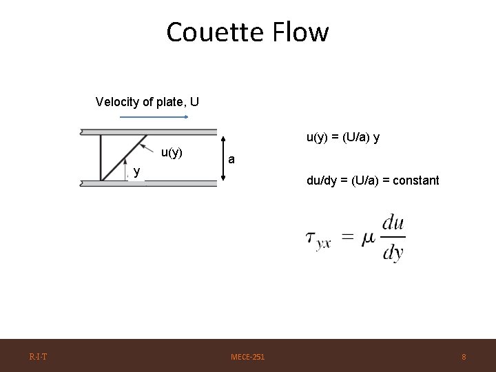 Couette Flow Velocity of plate, U u(y) = (U/a) y u(y) y R·I·T a
