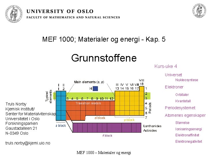 MEF 1000; Materialer og energi - Kap. 5 Grunnstoffene Kurs-uke 4 Universet Nukleosyntese Elektroner