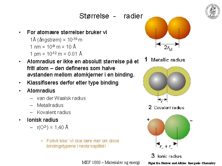 Størrelse • radier For atomære størrelser bruker vi 1Å (ångstrøm) = 10 -10 m