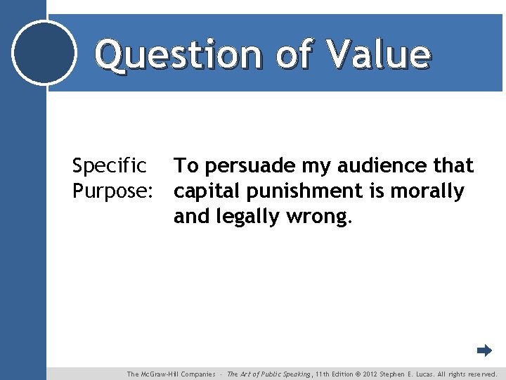 Question of Value Specific To persuade my audience that Purpose: capital punishment is morally