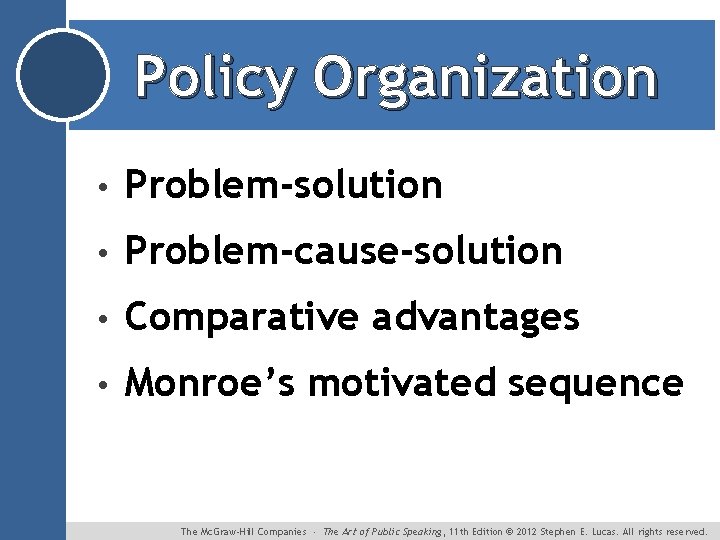 Policy Organization • Problem-solution • Problem-cause-solution • Comparative advantages • Monroe’s motivated sequence The