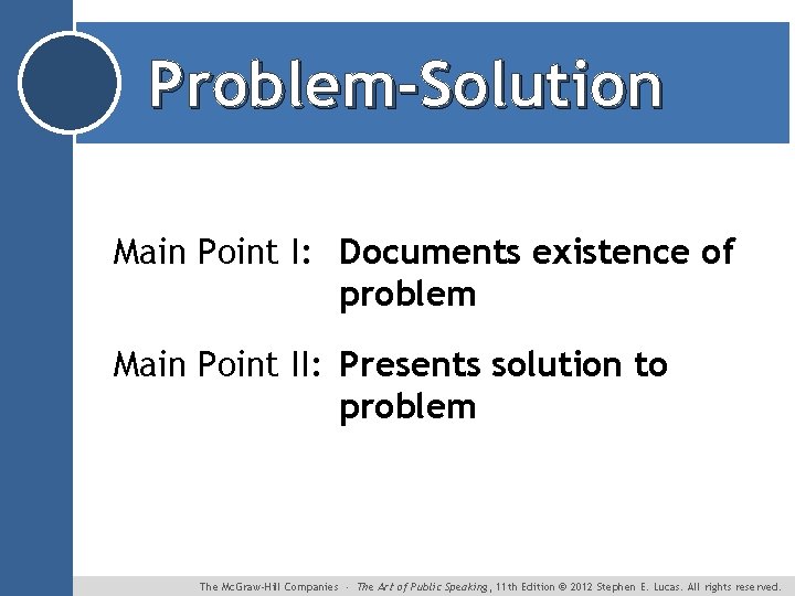 Problem-Solution Main Point I: Documents existence of problem Main Point II: Presents solution to