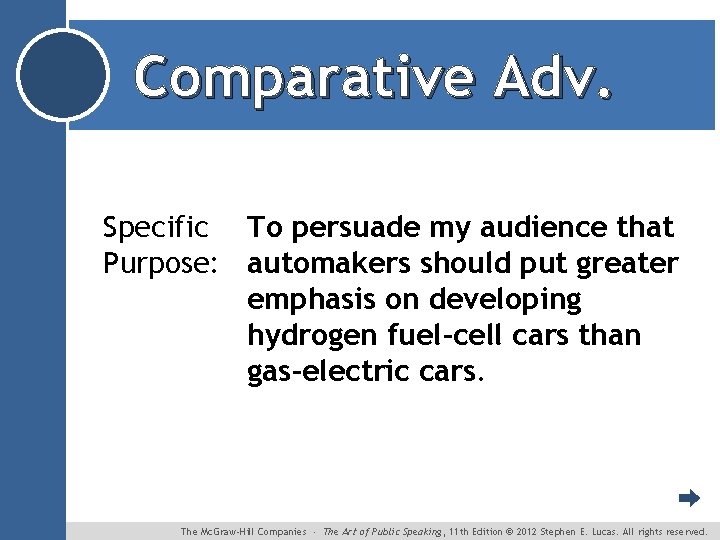 Comparative Adv. Specific To persuade my audience that Purpose: automakers should put greater emphasis
