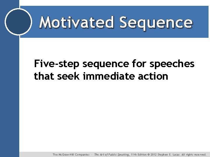 Motivated Sequence Five-step sequence for speeches that seek immediate action The Mc. Graw-Hill Companies