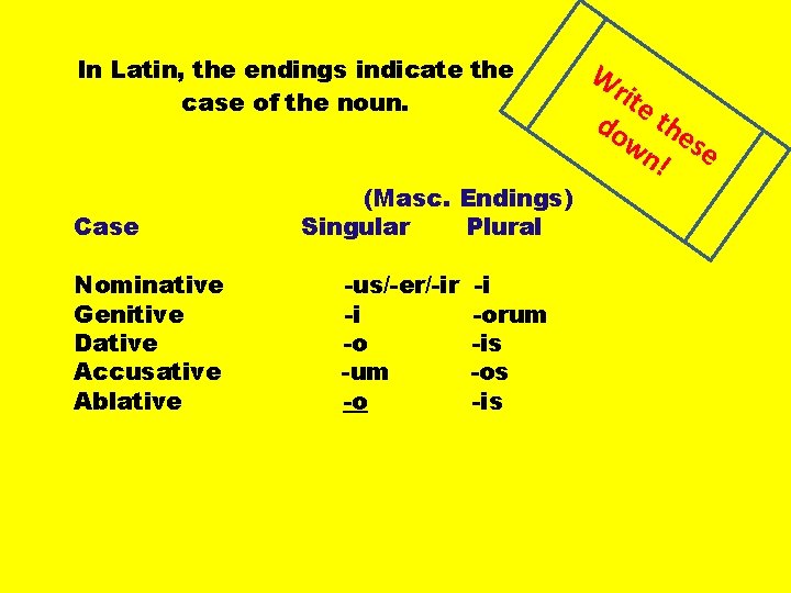 In Latin, the endings indicate the case of the noun. Case Nominative Genitive Dative