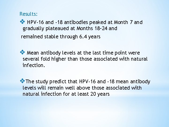 Results: v HPV-16 and -18 antibodies peaked at Month 7 and gradually plateaued at