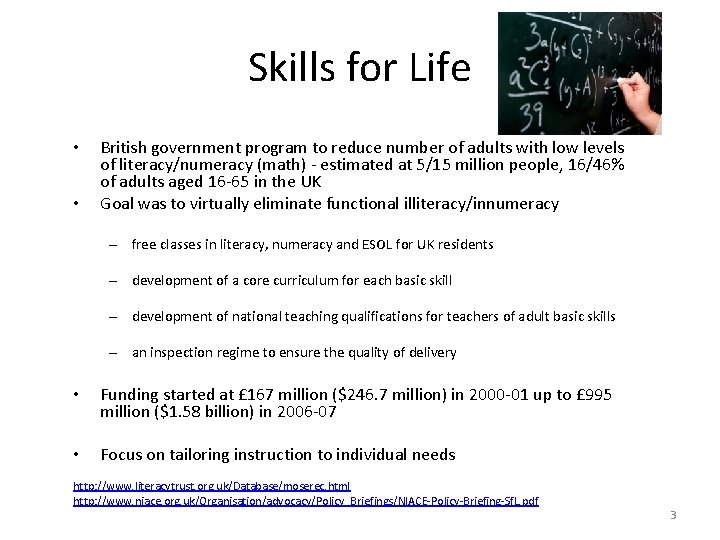 Skills for Life • • British government program to reduce number of adults with