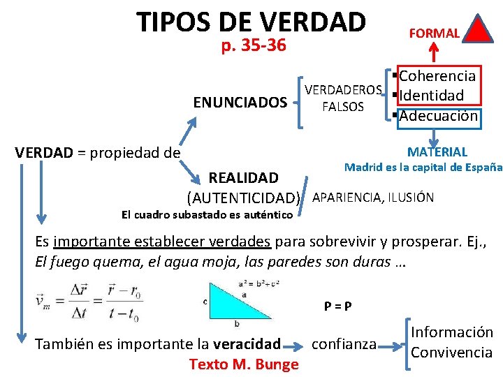 TIPOS DE VERDAD p. 35 -36 FORMAL §Coherencia VERDADEROS §Identidad ENUNCIADOS FALSOS §Adecuación VERDAD