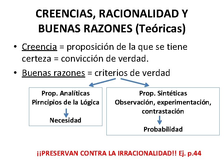 CREENCIAS, RACIONALIDAD Y BUENAS RAZONES (Teóricas) • Creencia = proposición de la que se