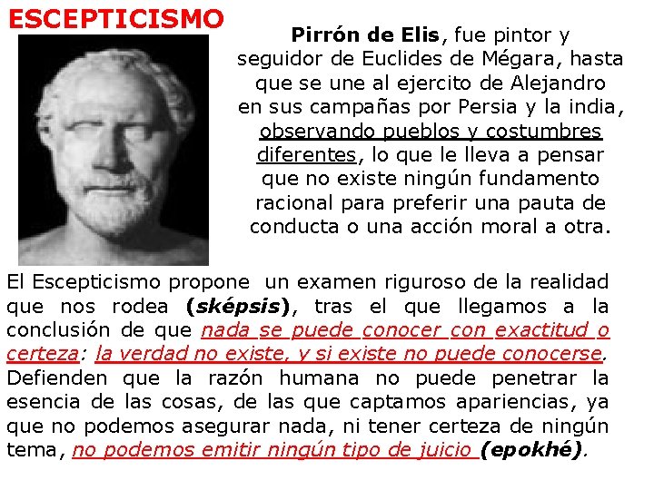 ESCEPTICISMO Pirrón de Elis, fue pintor y seguidor de Euclides de Mégara, hasta que