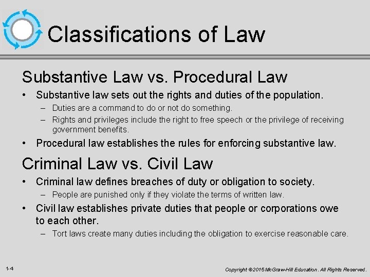 Classifications of Law Substantive Law vs. Procedural Law • Substantive law sets out the