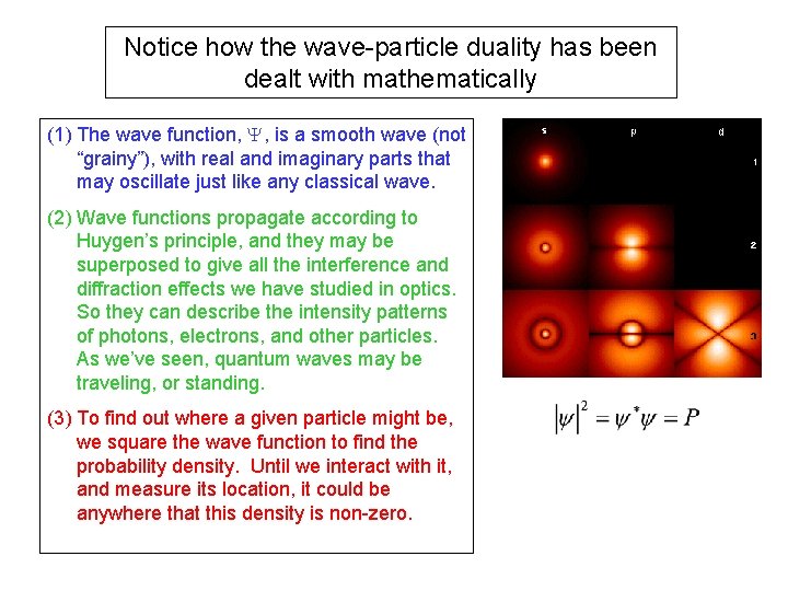 Notice how the wave-particle duality has been dealt with mathematically (1) The wave function,