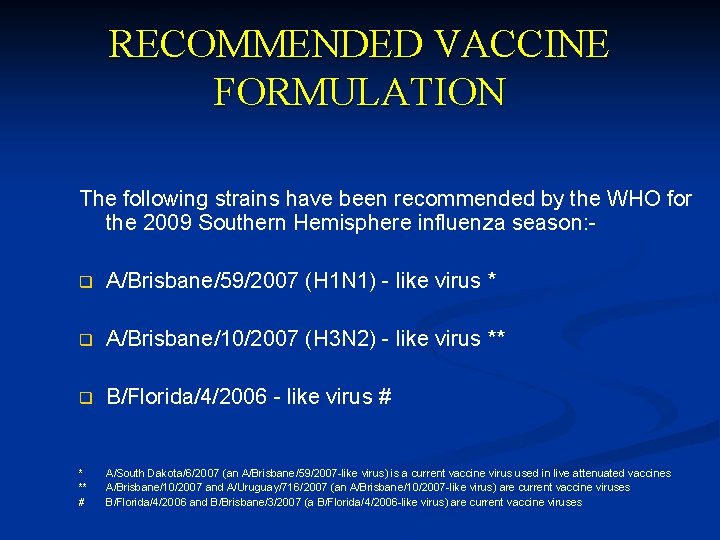 RECOMMENDED VACCINE FORMULATION The following strains have been recommended by the WHO for the