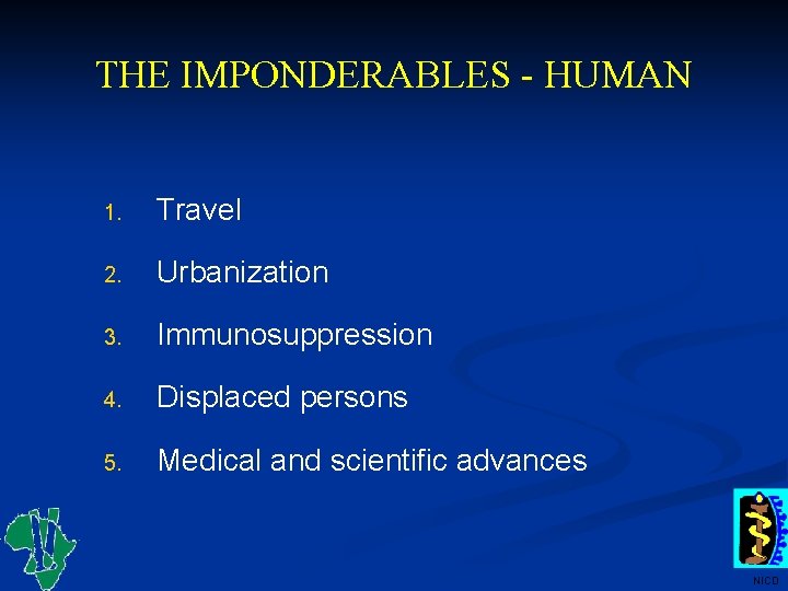 THE IMPONDERABLES - HUMAN 1. Travel 2. Urbanization 3. Immunosuppression 4. Displaced persons 5.