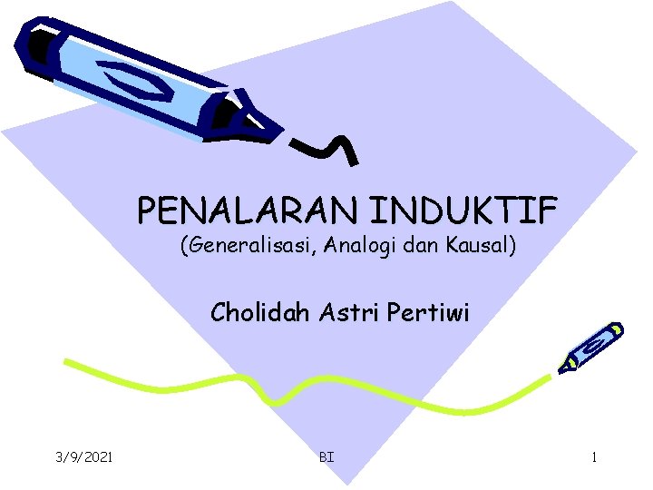 PENALARAN INDUKTIF (Generalisasi, Analogi dan Kausal) Cholidah Astri Pertiwi 3/9/2021 BI 1 