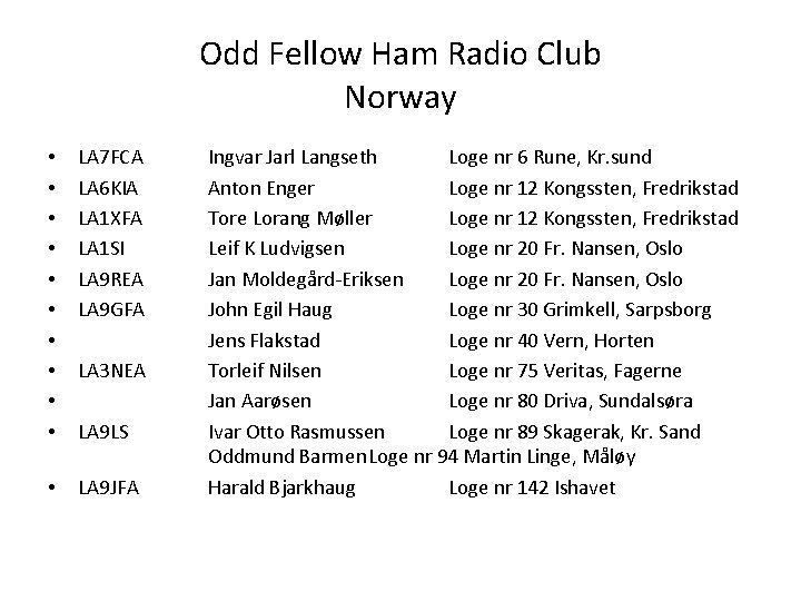 Odd Fellow Ham Radio Club Norway • • • LA 7 FCA LA 6