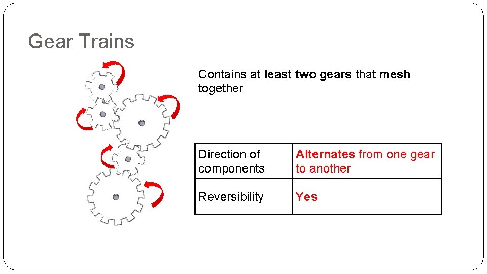 Gear Trains Contains at least two gears that mesh together Direction of components Alternates