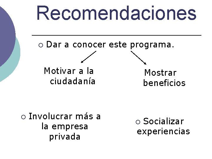 Recomendaciones ¡ Dar a conocer este programa. Motivar a la ciudadanía ¡ Involucrar más