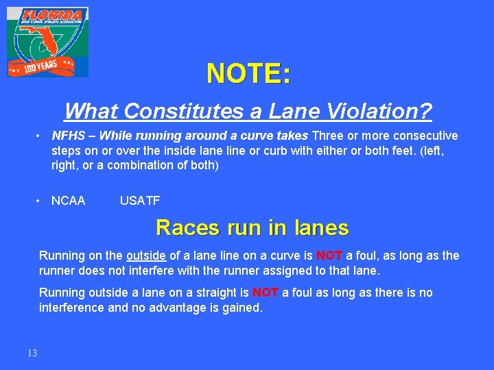 NOTE: What Constitutes a Lane Violation? • NFHS – While running around a curve