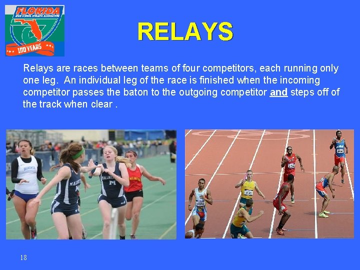 RELAYS Relays are races between teams of four competitors, each running only one leg.