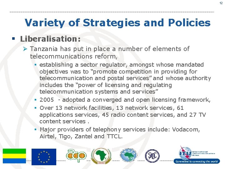 12 Variety of Strategies and Policies § Liberalisation: Ø Tanzania has put in place