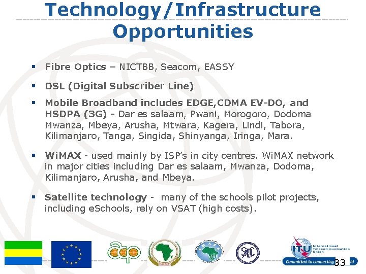 Technology/Infrastructure Opportunities § Fibre Optics – NICTBB, Seacom, EASSY § DSL (Digital Subscriber Line)
