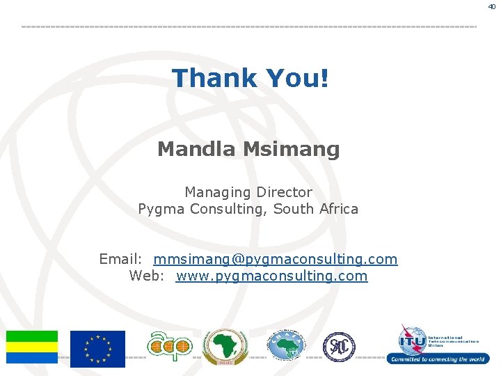 40 Thank You! Mandla Msimang Managing Director Pygma Consulting, South Africa Email: mmsimang@pygmaconsulting. com