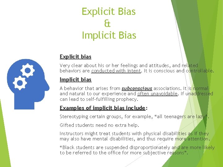 Explicit Bias & Implicit Bias Explicit bias Very clear about his or her feelings