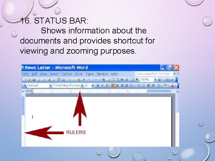 16. STATUS BAR: Shows information about the documents and provides shortcut for viewing and