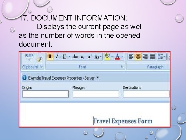 17. DOCUMENT INFORMATION: Displays the current page as well as the number of words