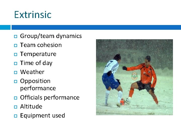 Extrinsic Group/team dynamics Team cohesion Temperature Time of day Weather Opposition performance Officials performance