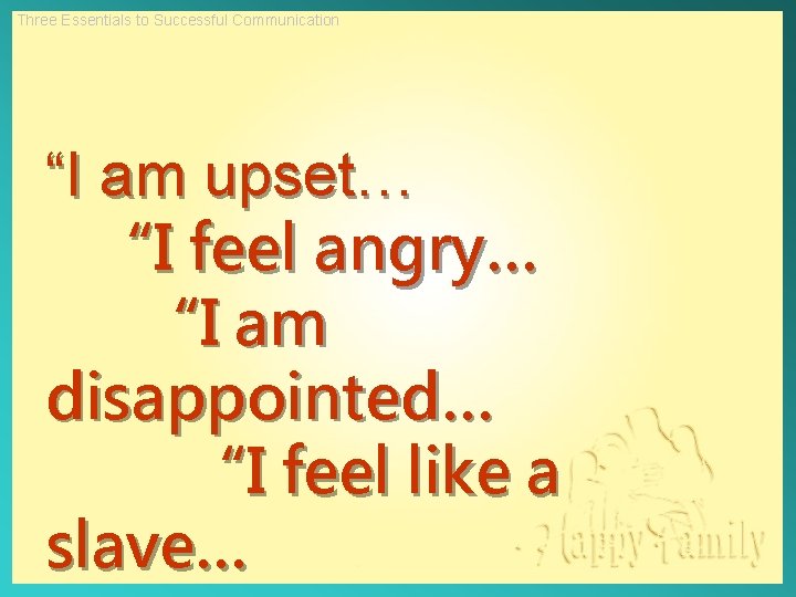 Three Essentials to Successful Communication “I am upset… “I feel angry… “I am disappointed…