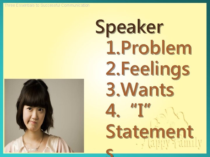 Three Essentials to Successful Communication Speaker 1. Problem 2. Feelings 3. Wants 4. “I”