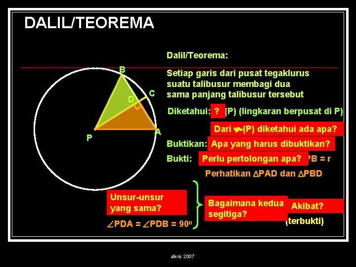 DALIL/TEOREMA Dalil/Teorema: B D C Setiap garis dari pusat tegaklurus suatu talibusur membagi dua