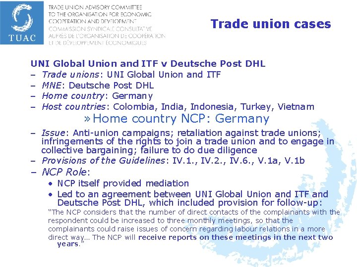 Trade union cases UNI Global Union and ITF v Deutsche Post DHL – Trade