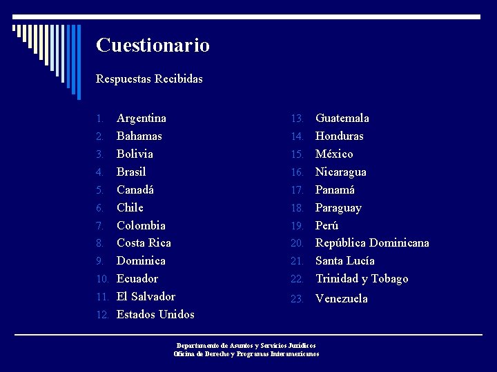 Cuestionario Respuestas Recibidas Argentina 2. Bahamas 3. Bolivia 4. Brasil 5. Canadá 6. Chile