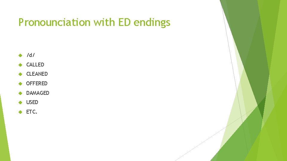 Pronounciation with ED endings /d/ CALLED CLEANED OFFERED DAMAGED USED ETC. 